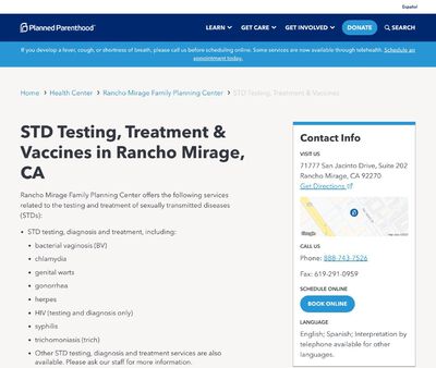 STD Testing at Planned Parenthood of the Pacific Southwest Incorporated (Rancho Mirage Family Planning Center)