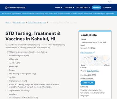 STD Testing at Kahului Health Center of Kahului, HI