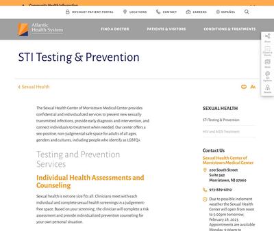 STD Testing at Sexual Health Center of Morristown Medical Center