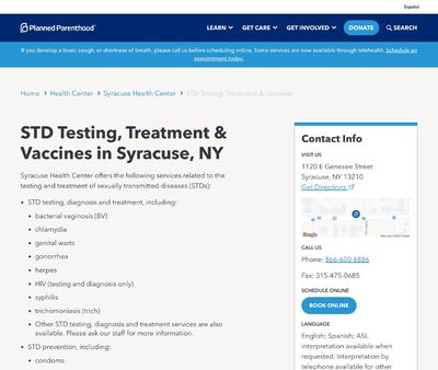 STD Testing at Syracuse Health Center of Syracuse, NY