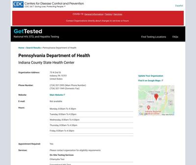 STD Testing at Pennsylvania Department of Health - Indiana County State Health Center